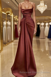Sheath/Column Spaghetti Straps Floor-Length Elastic Woven Satin Semi Formal Prom Dresses With Ruffles